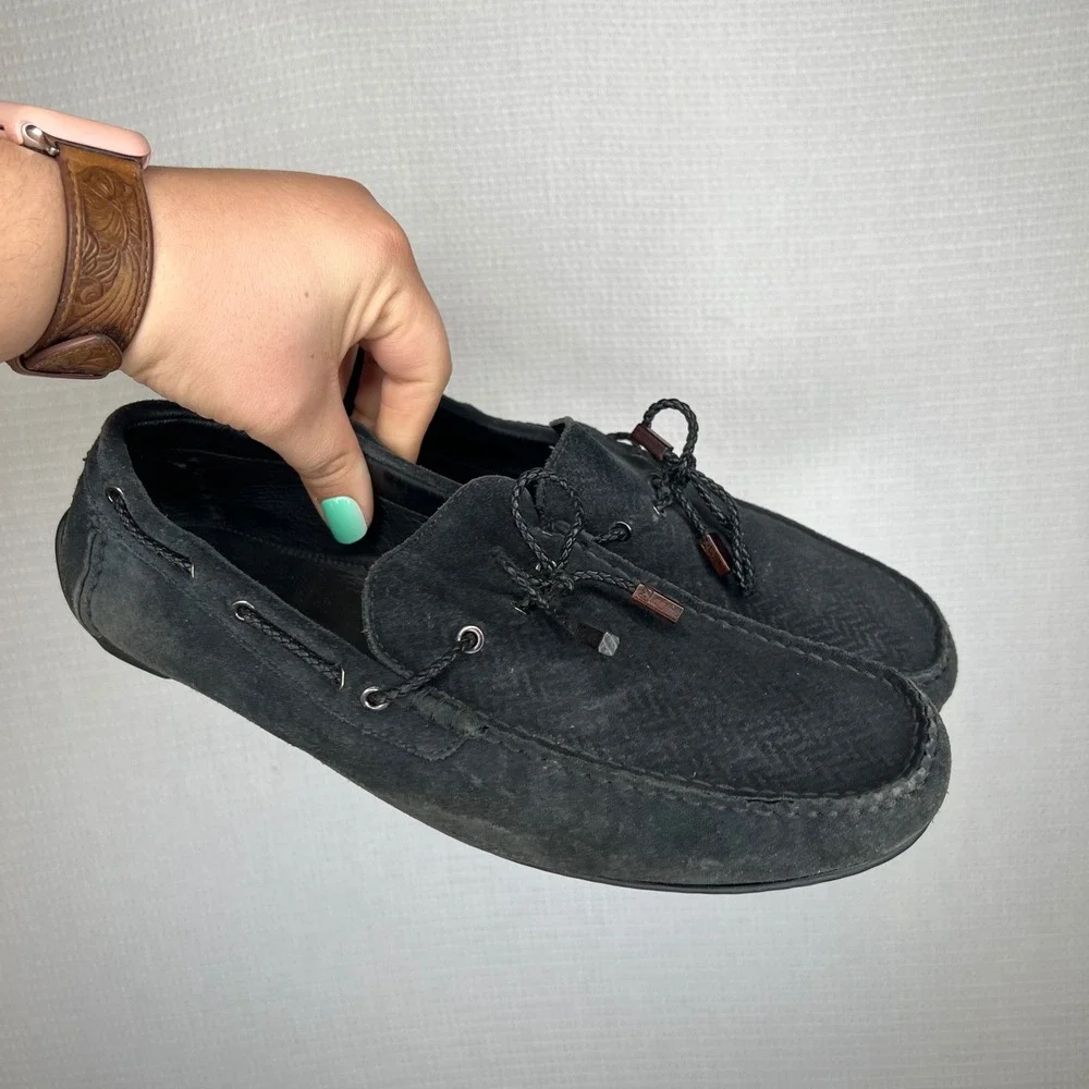 Ermenegildo Zegna Mens Black Suede Herringbone Driving Loafers Size 9 EU 10 US